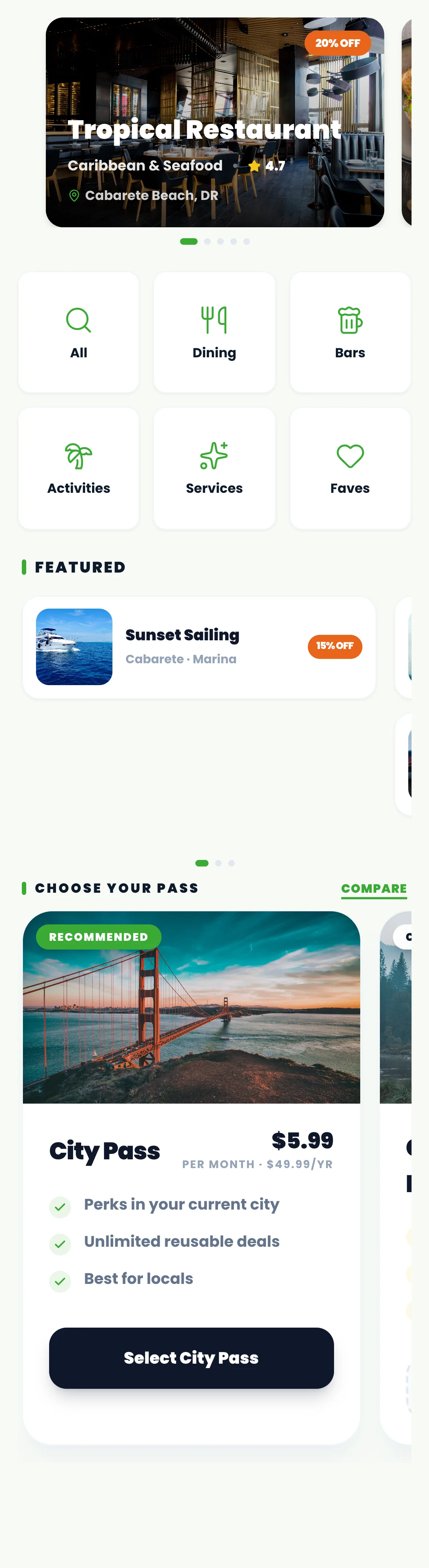 GrabLoco app home feed with local venues and member offers