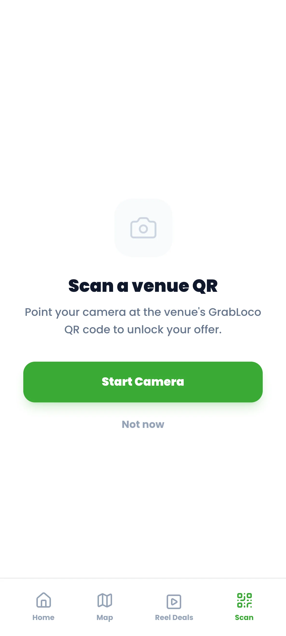 GrabLoco scan screen — point your camera at the venue QR to unlock your offer