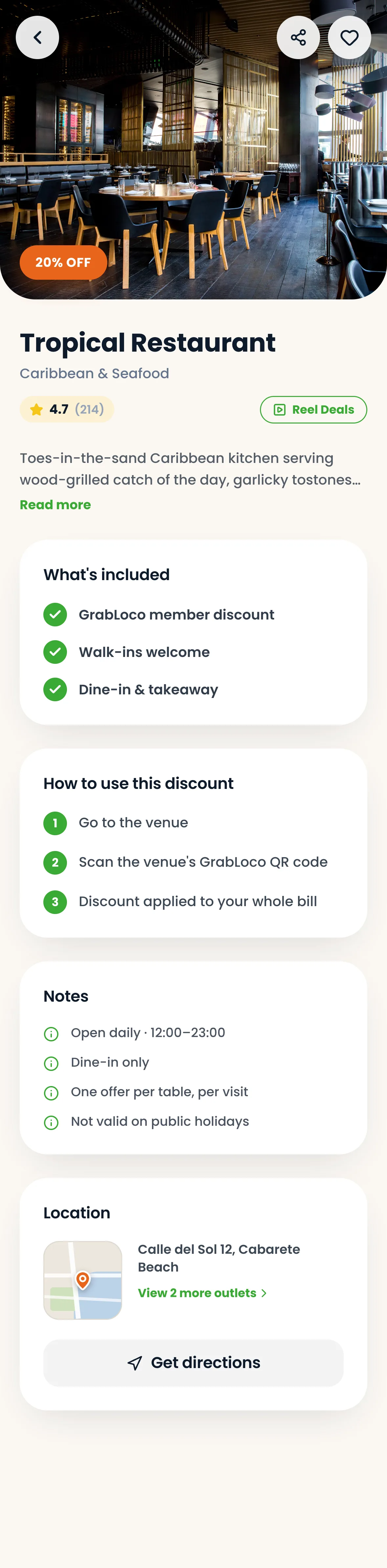 GrabLoco venue page for Tropical Restaurant with a 20% member offer